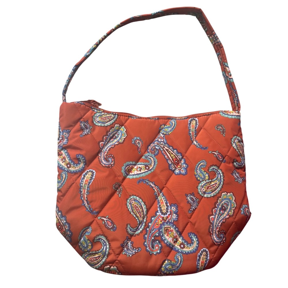 Vera Bradley Orange Paisley Print Quilted Slouchy Bucket Manor Bag Zip Closure
